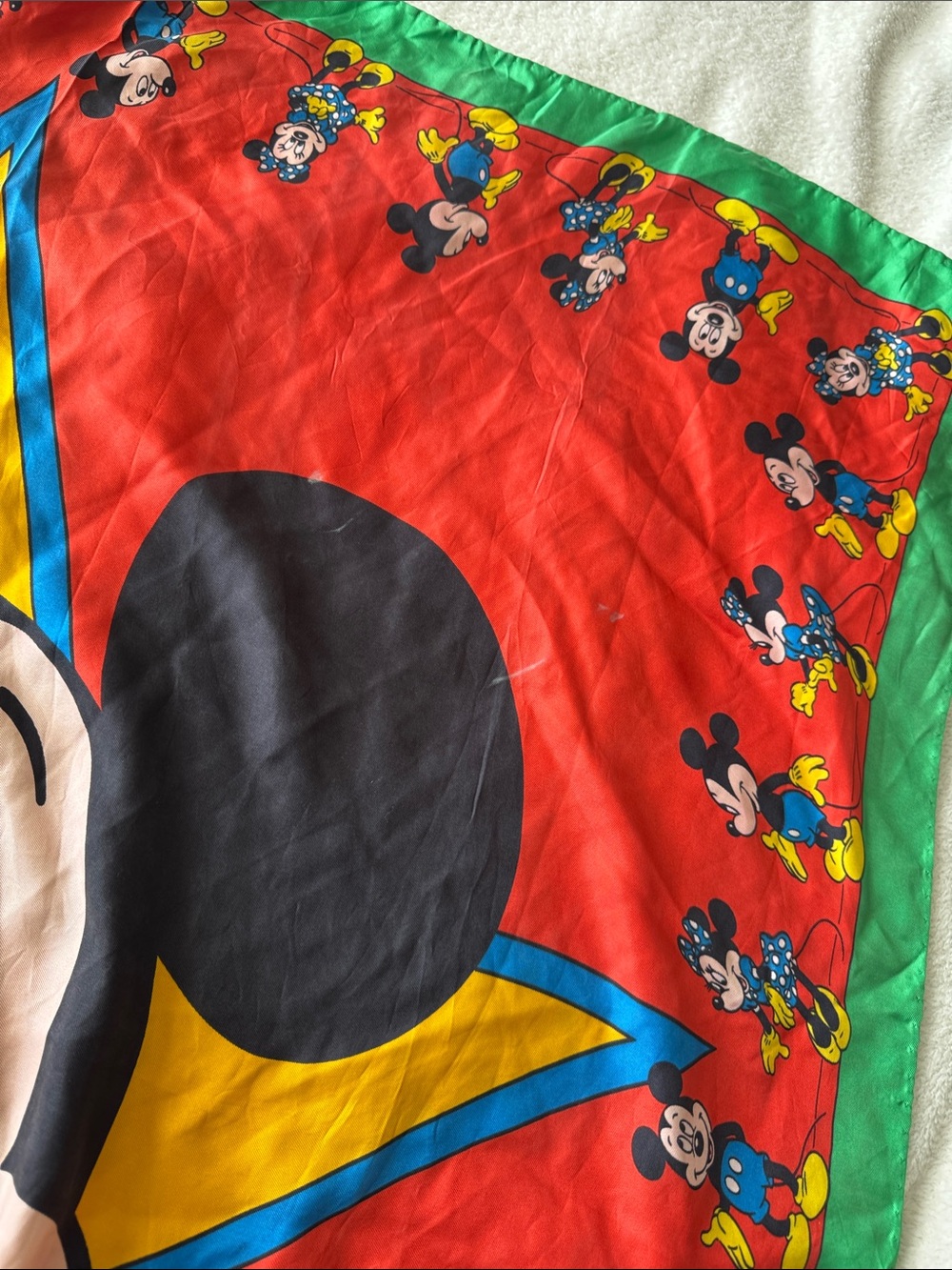 Vintage Disney Mickey Minnie Silk Scarf Red Green Star Graphic Italy Luxurious - Picture 3 of 12